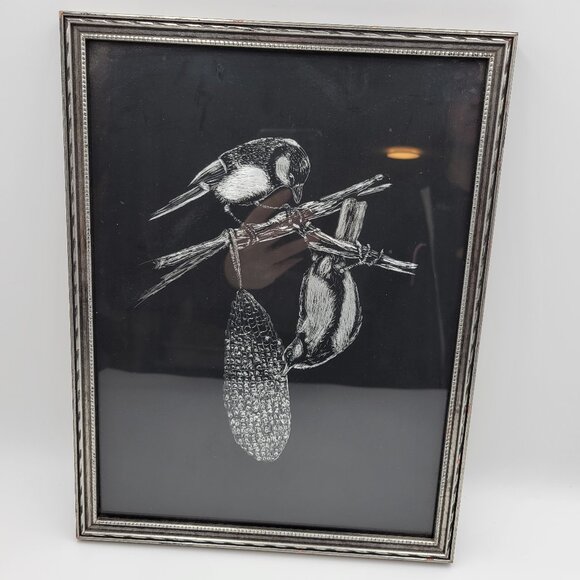 Vintage Foil Bird Birds Picture Black Silver Framed Read - Picture 1 of 8